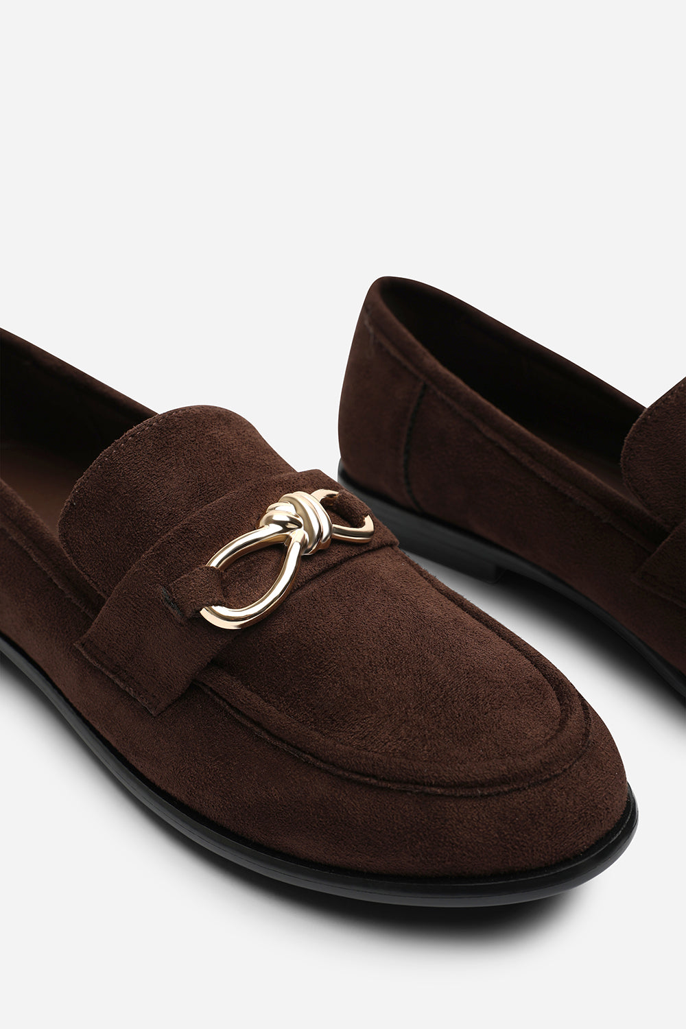 Freyja Knot Trim Hardware Detail Flat Loafers in Brown Suede