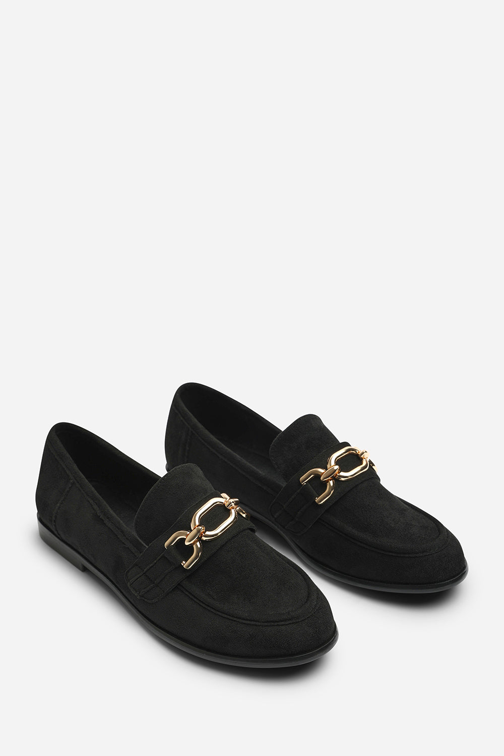 Lettie Wide Fit Chain Trim Detail Flat Loafers in Black Suede