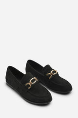 Lettie Wide Fit Chain Trim Detail Flat Loafers in Black Suede