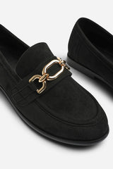 Lettie Chain Trim Detail Flat Loafers in Black Suede