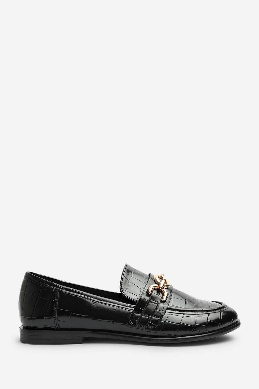 Lettie Chain Trim Detail Flat Loafers In Black Croc