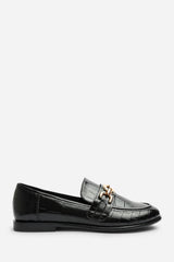 Lettie Wide Fit Chain Trim Detail Flat Loafers in Black Croc