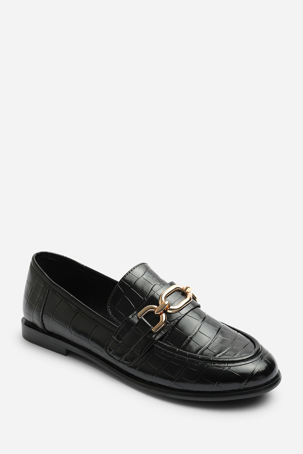 Lettie Chain Trim Detail Flat Loafers In Black Croc