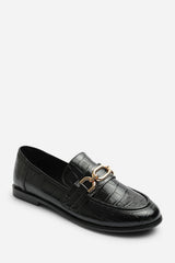 Lettie Wide Fit Chain Trim Detail Flat Loafers in Black Croc