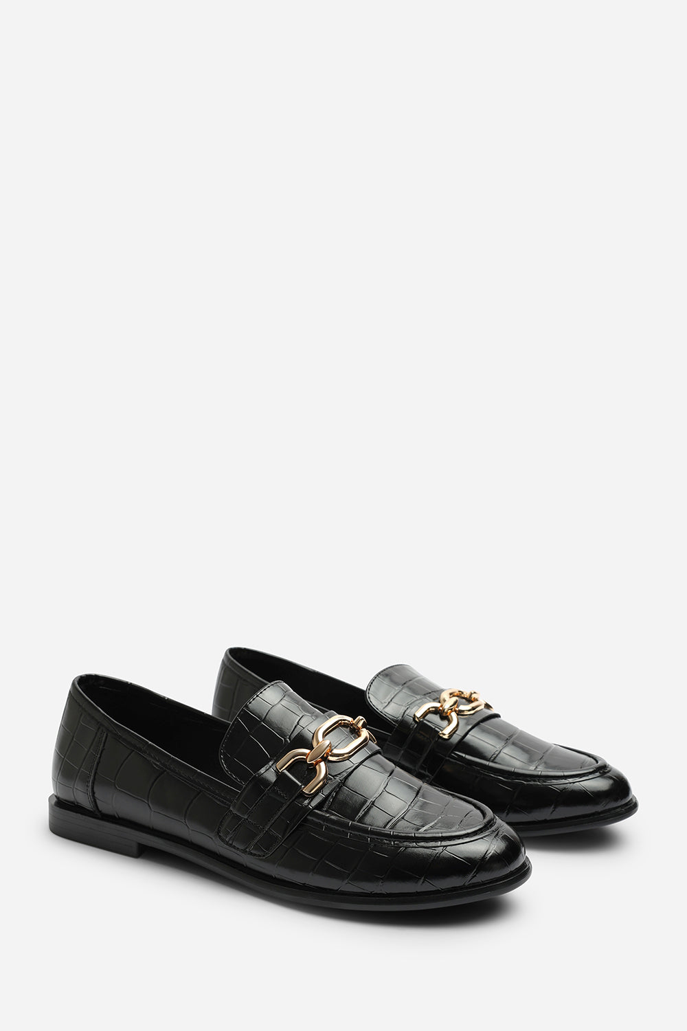 Lettie Wide Fit Chain Trim Detail Flat Loafers in Black Croc