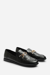 Lettie Chain Trim Detail Flat Loafers In Black Croc