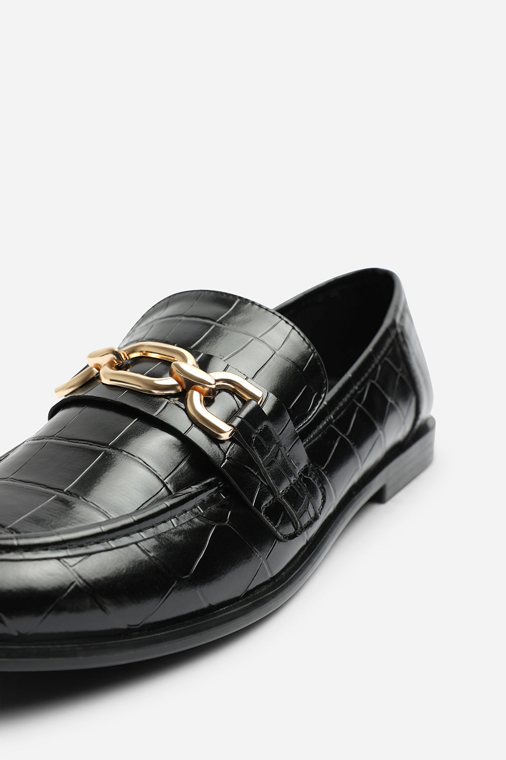 Lettie Wide Fit Chain Trim Detail Flat Loafers in Black Croc