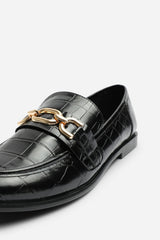 Lettie Wide Fit Chain Trim Detail Flat Loafers in Black Croc