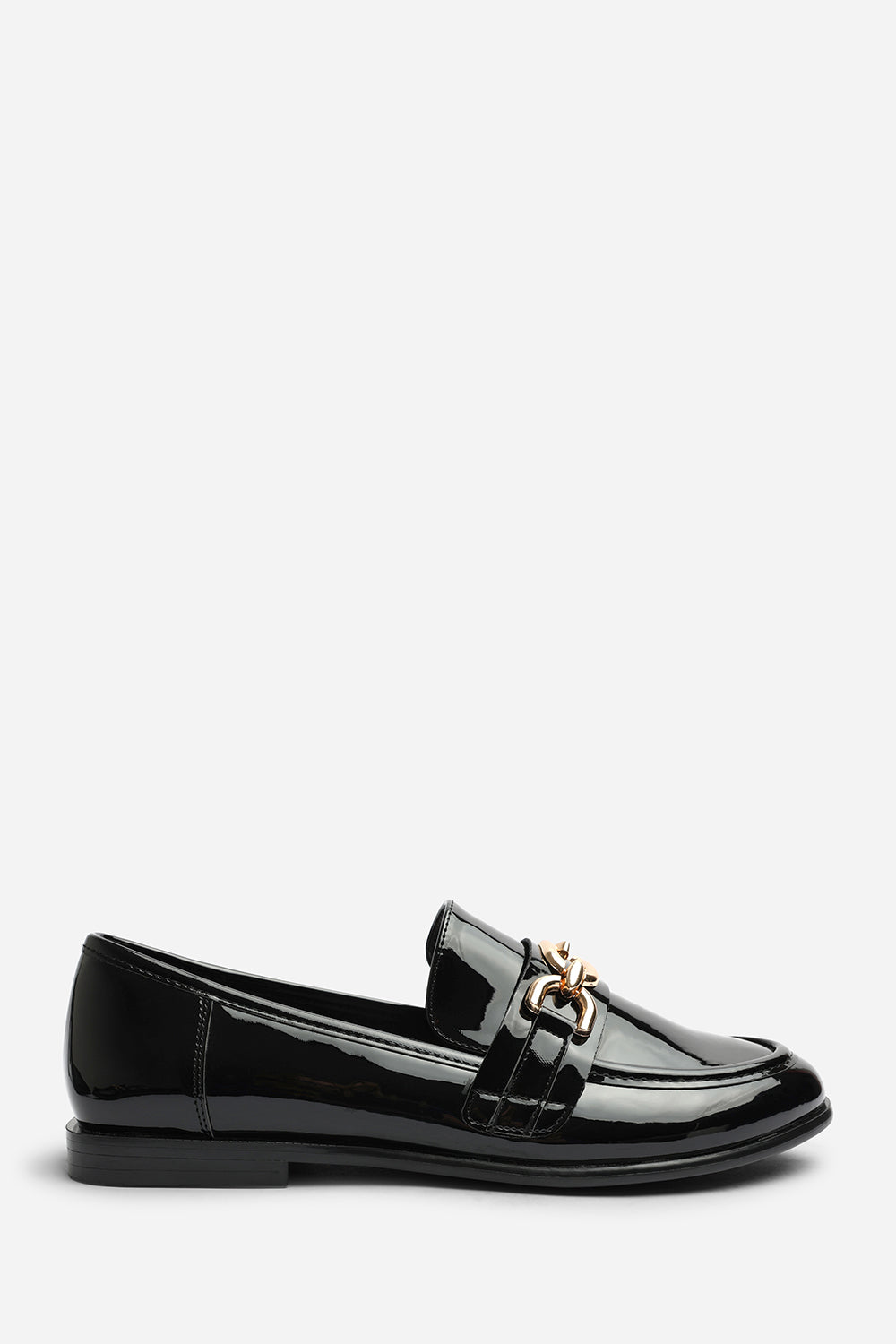 Lettie Chain Trim Detail Flat Loafers in Black Patent