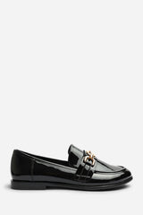 Lettie Wide Fit Chain Trim Detail Flat Loafers In Black Patent