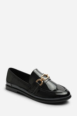 Lettie Chain Trim Detail Flat Loafers in Black Patent