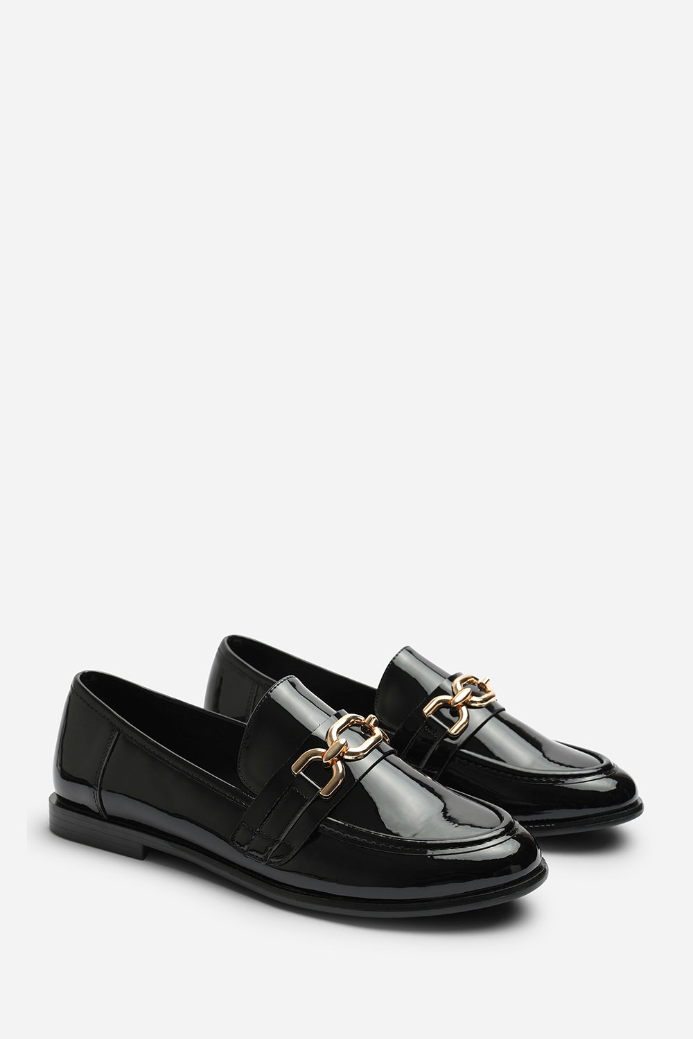 Lettie Chain Trim Detail Flat Loafers in Black Patent