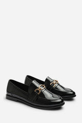 Lettie Chain Trim Detail Flat Loafers in Black Patent