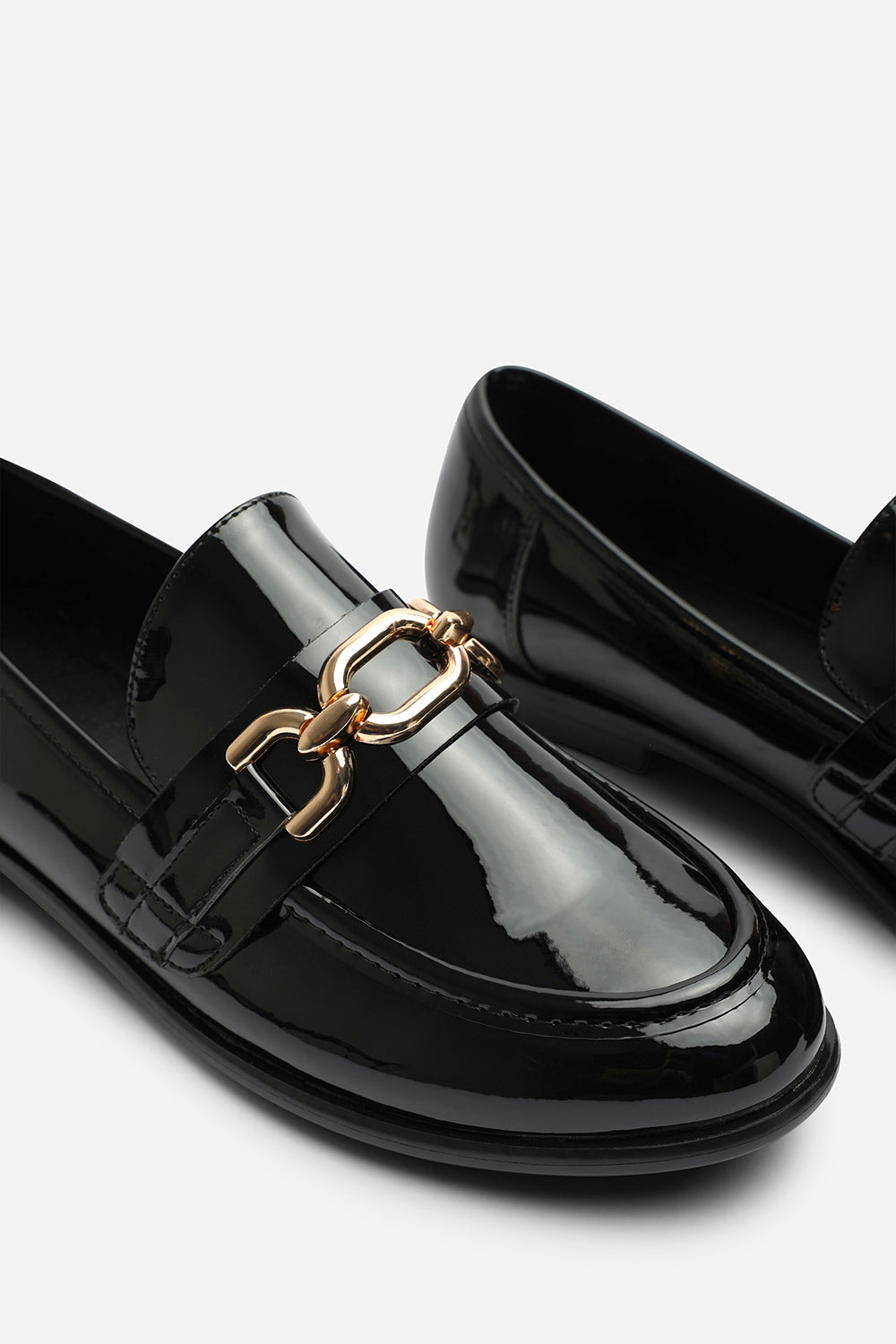 Lettie Wide Fit Chain Trim Detail Flat Loafers In Black Patent
