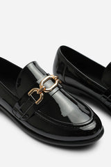 Lettie Chain Trim Detail Flat Loafers in Black Patent