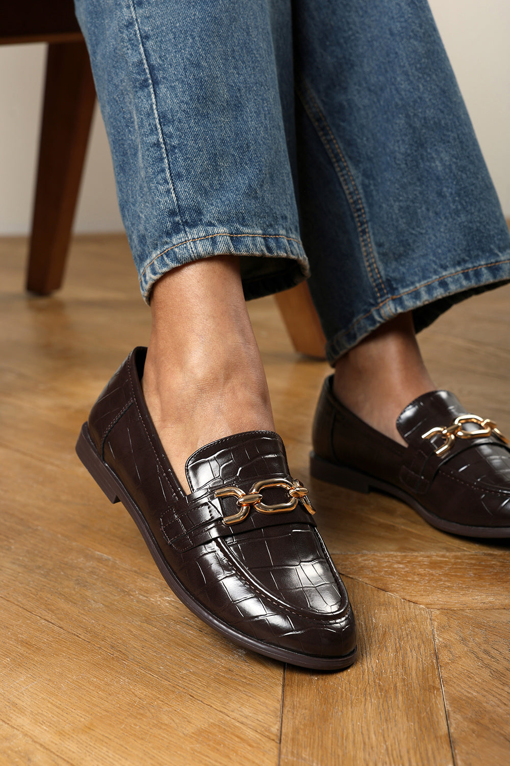Lettie Chain Trim Detail Flat Loafers in Brown Croc