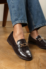 Lettie Chain Trim Detail Flat Loafers in Brown Croc