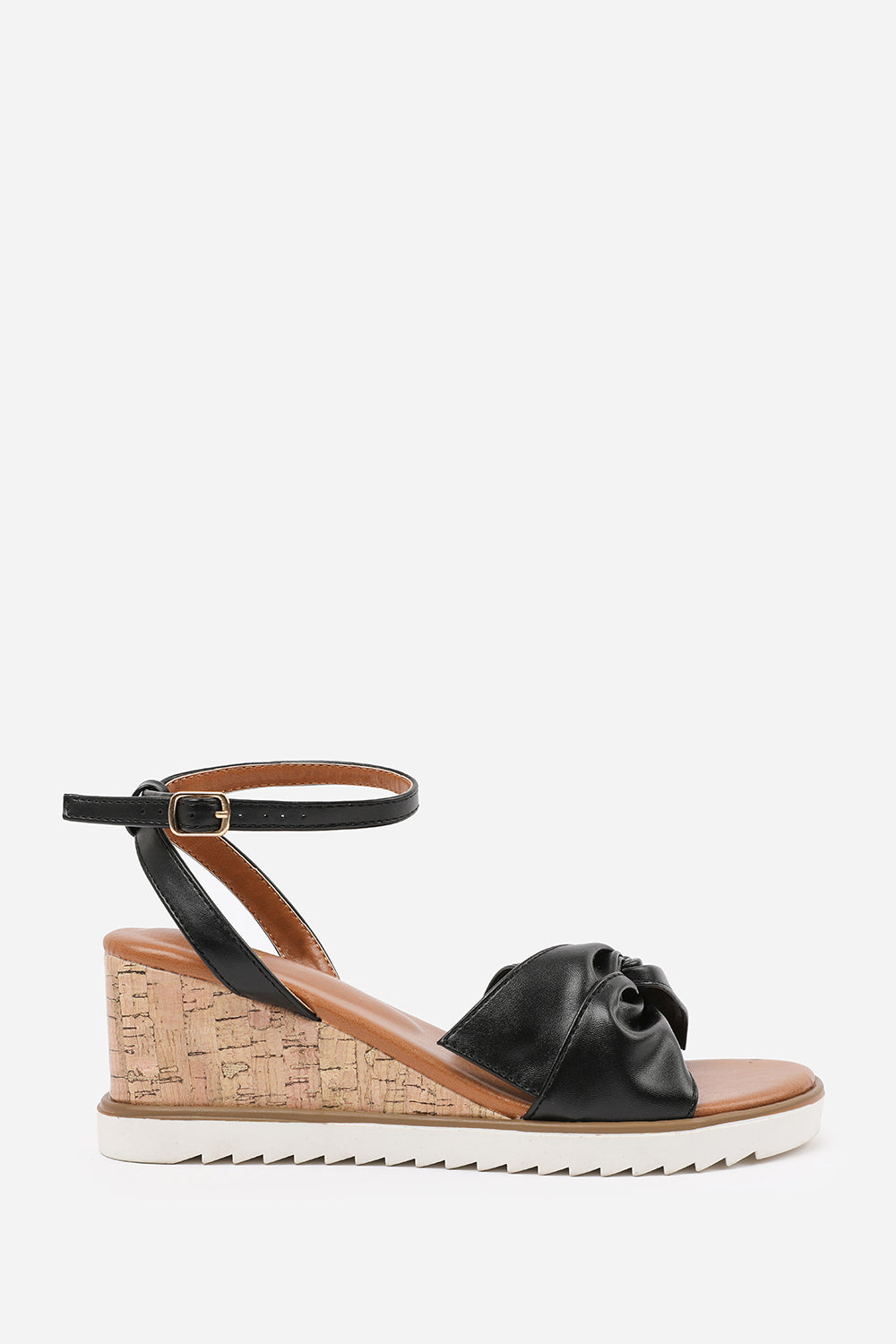 KATARA KNOT DETAIL WEDGE SHOES WITH BUCKLE ANKLE STRAP IN BLACK PU