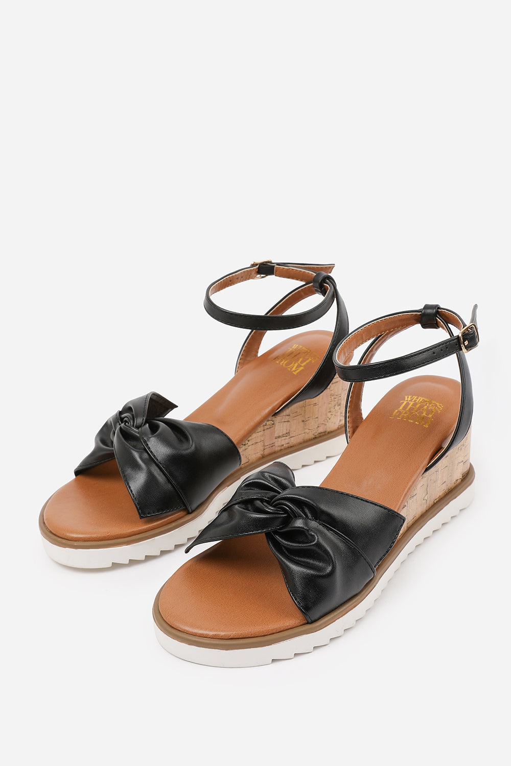 KATARA KNOT DETAIL WEDGE SHOES WITH BUCKLE ANKLE STRAP IN BLACK PU