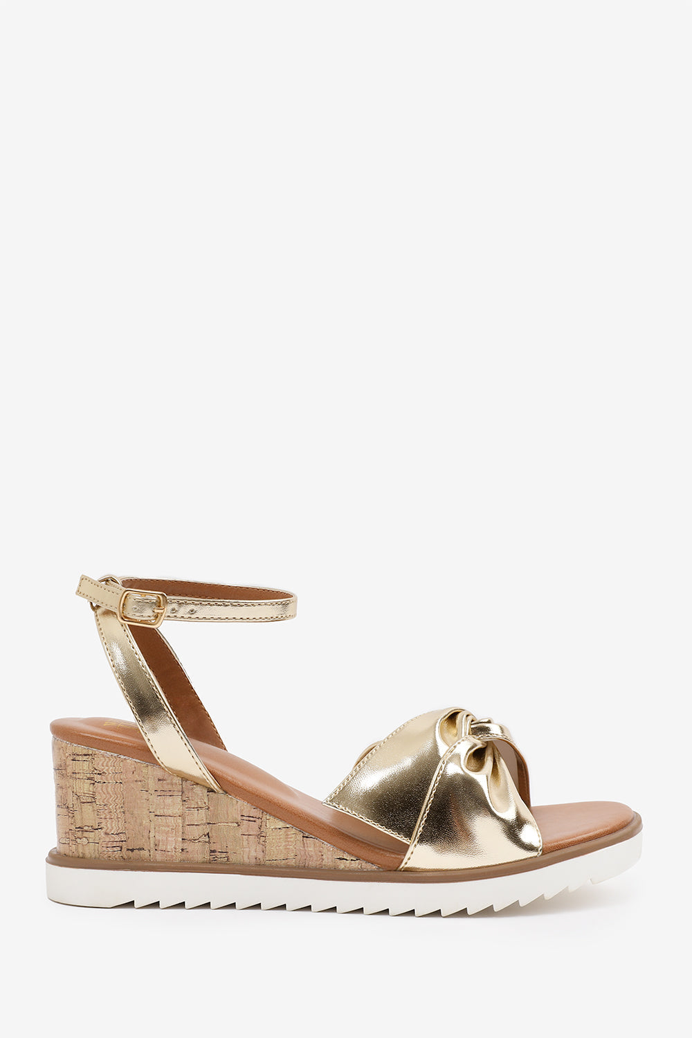 KATARA WIDE FIT KNOT DETAIL WEDGE SHOES WITH BUCKLE ANKLE STRAP IN GOLD METALLIC PU