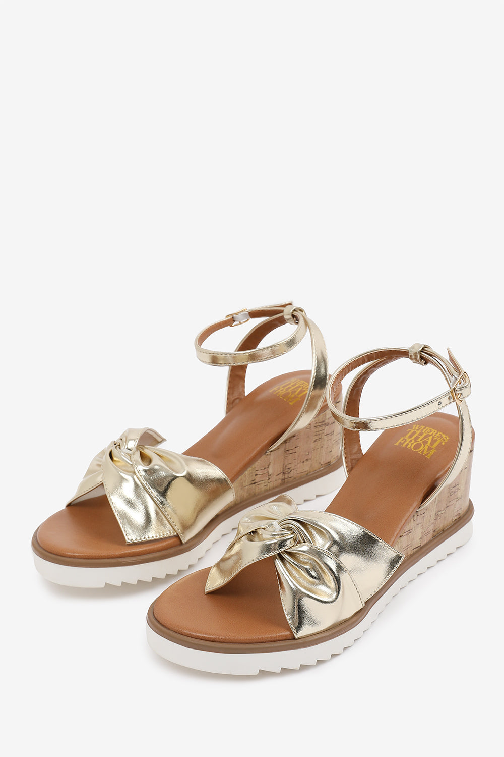 KATARA WIDE FIT KNOT DETAIL WEDGE SHOES WITH BUCKLE ANKLE STRAP IN GOLD METALLIC PU