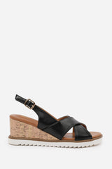 QWEEN CROSS OVER STRAP DETAIL WEDGE SHOES WITH BUCKLE CLOSURE IN BLACK PU