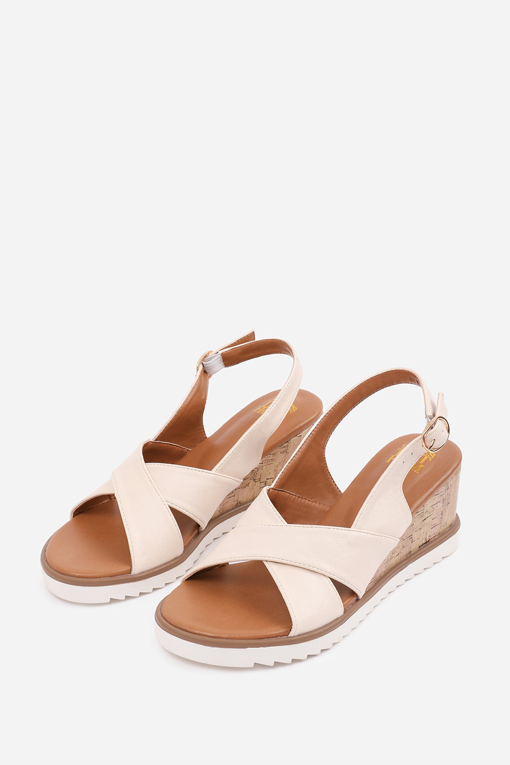 QWEEN CROSS OVER STRAP DETAIL WEDGE SHOES WITH BUCKLE CLOSURE IN CREAM PU