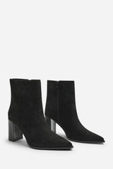 Daryna Black Suede Stacked Heel Pointed Ankle Boot