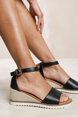 DUSK EXTRA WIDE FIT WEDGE SHOES WITH BUCKLE ANKLE STRAP IN BLACK PU