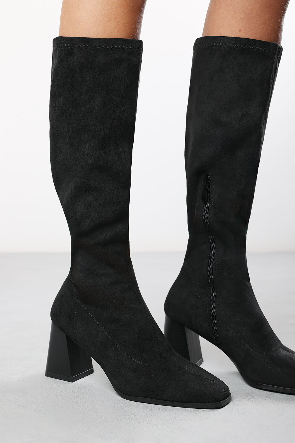 Whitney Stretch Calf Black Suede Block Heel Boots