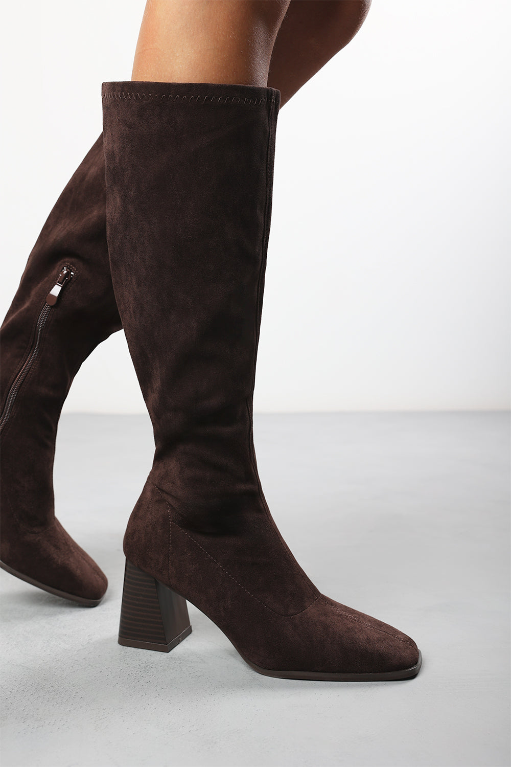 Whitney Stretch Calf Brown Suede Block Heel Boots
