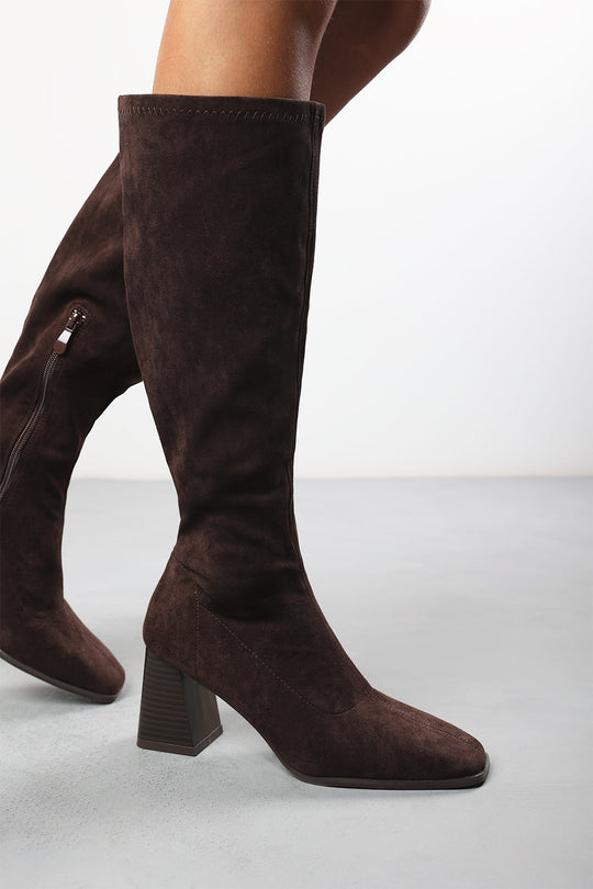 Whitney Stretch Calf Brown Suede Block Heel Boots