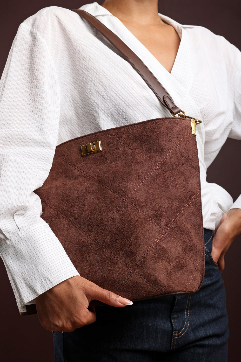 Fern Brown Suede Shoulder Bag with Turn Lock