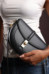 Breeze Black Faux Leather Shoulder Bag With Gold Lock Detail