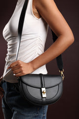 Breeze Black Faux Leather Shoulder Bag With Gold Lock Detail