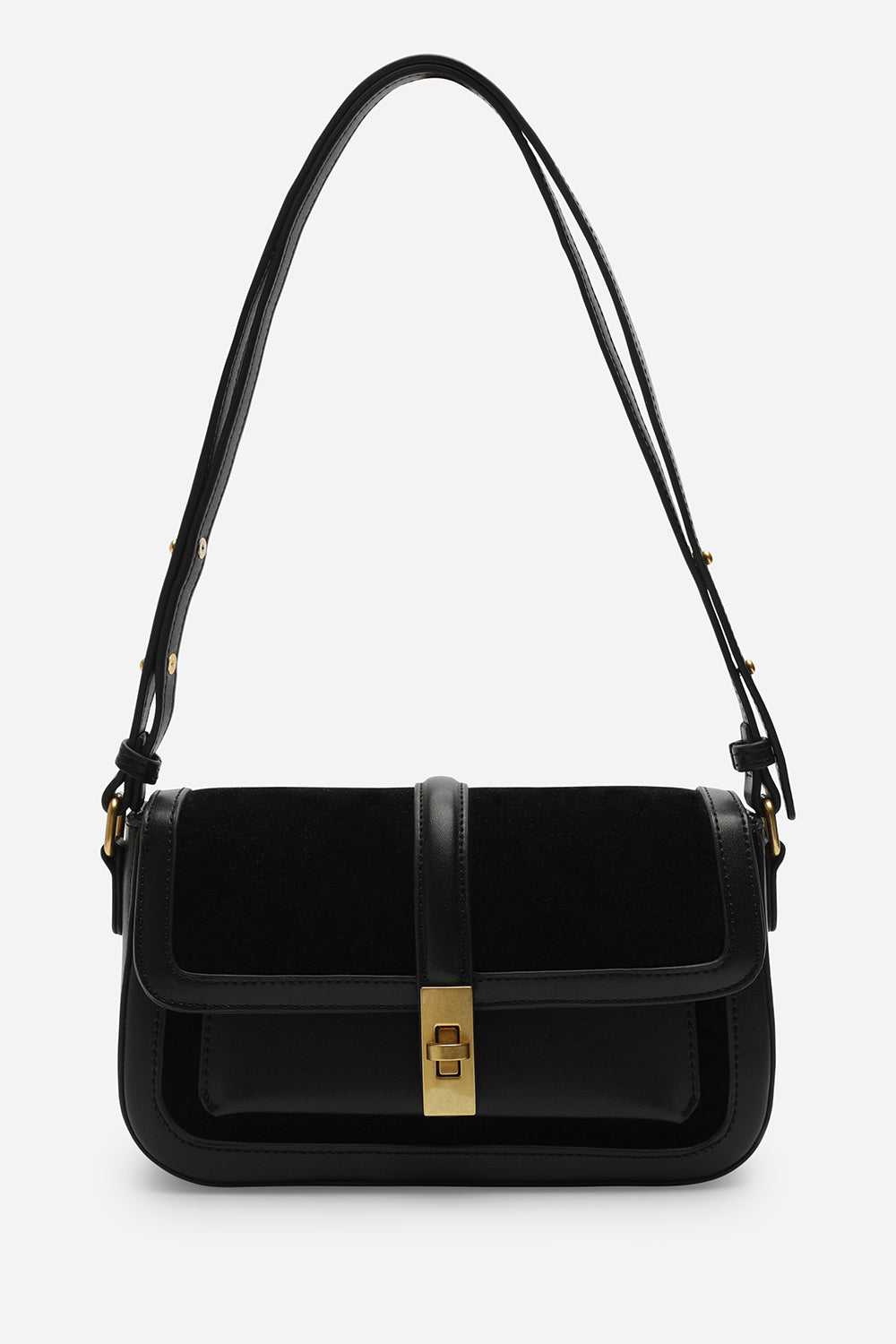 Coral Black Suede Structured Shoulder Bag with Gold Lock
