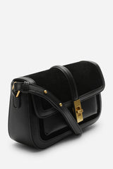 Coral Black Suede Structured Shoulder Bag with Gold Lock