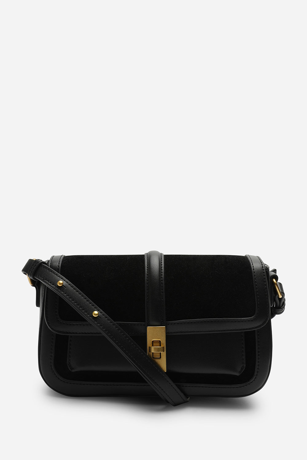 Coral Black Suede Structured Shoulder Bag with Gold Lock