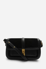Coral Black Suede Structured Shoulder Bag with Gold Lock