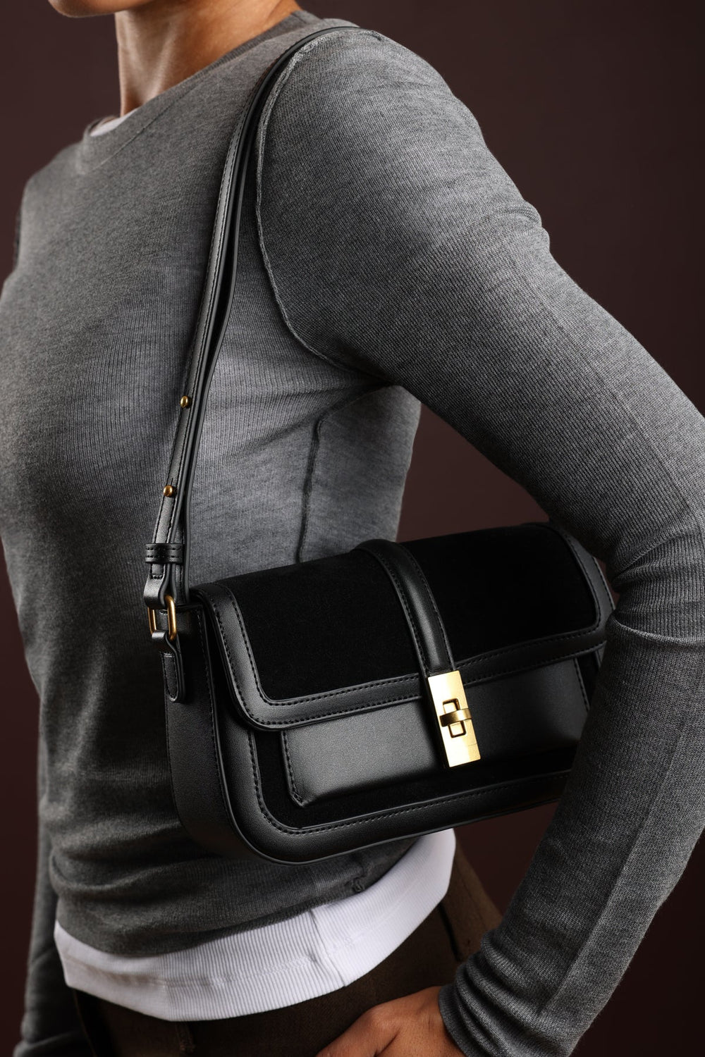 Coral Black Suede Structured Shoulder Bag with Gold Lock