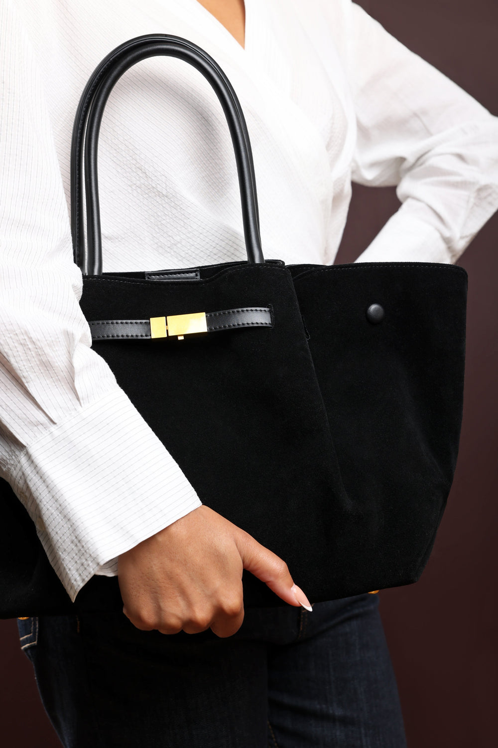 Dove Black Suede Handheld Tote Bag