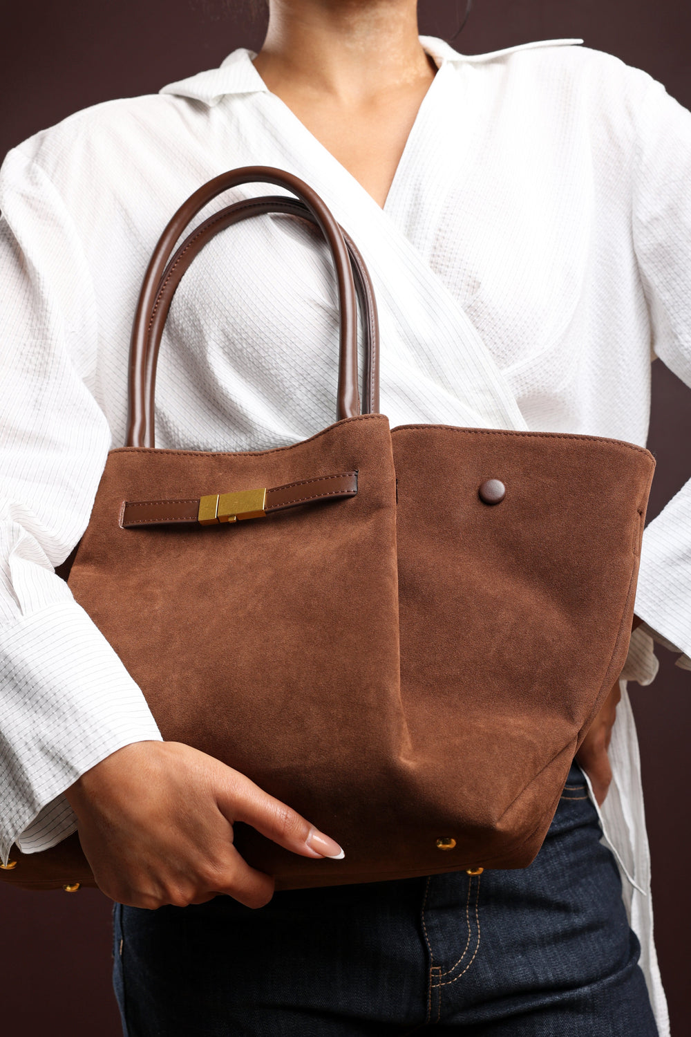 Dove Brown Suede Handheld Tote Bag