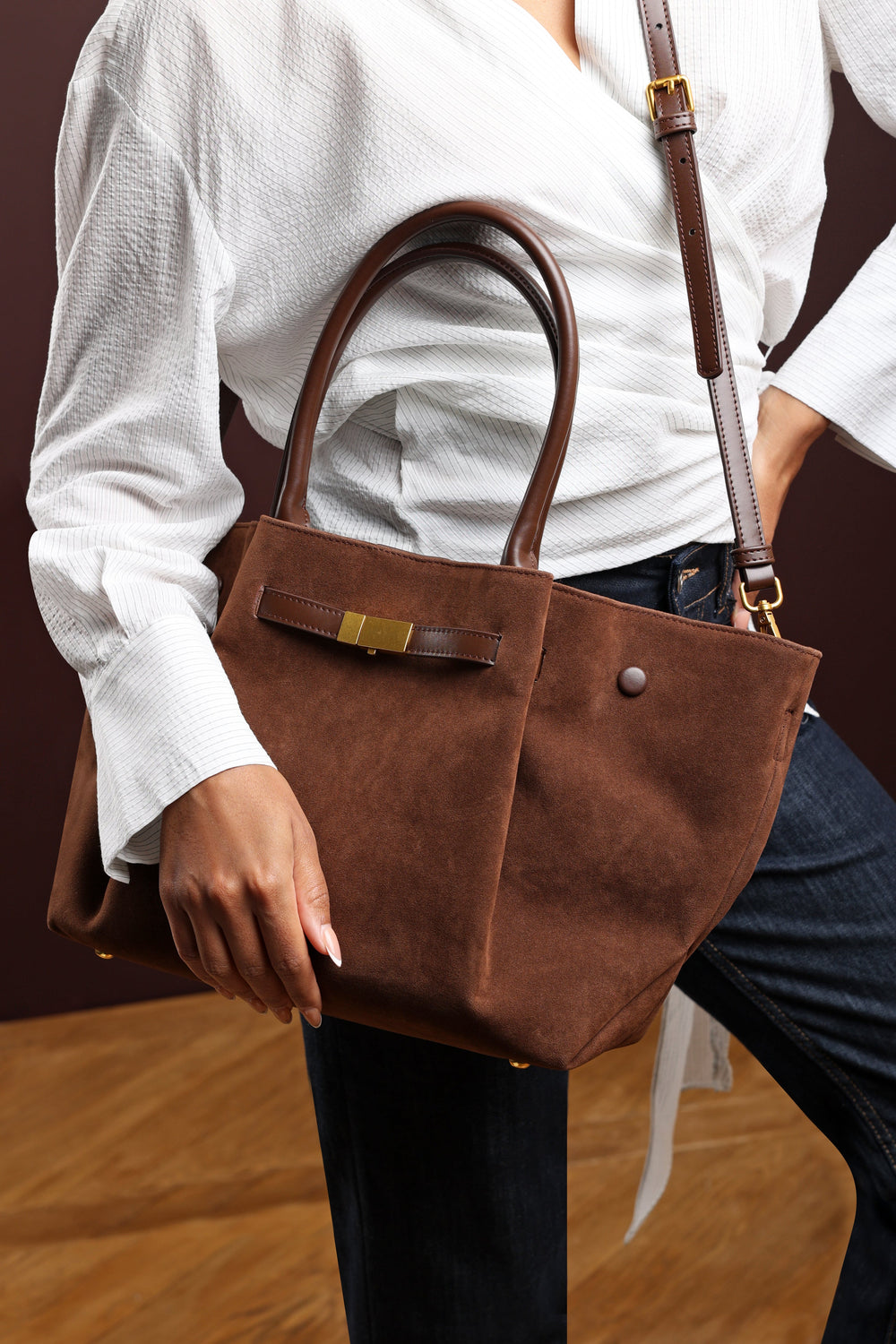 Dove Brown Suede Handheld Tote Bag