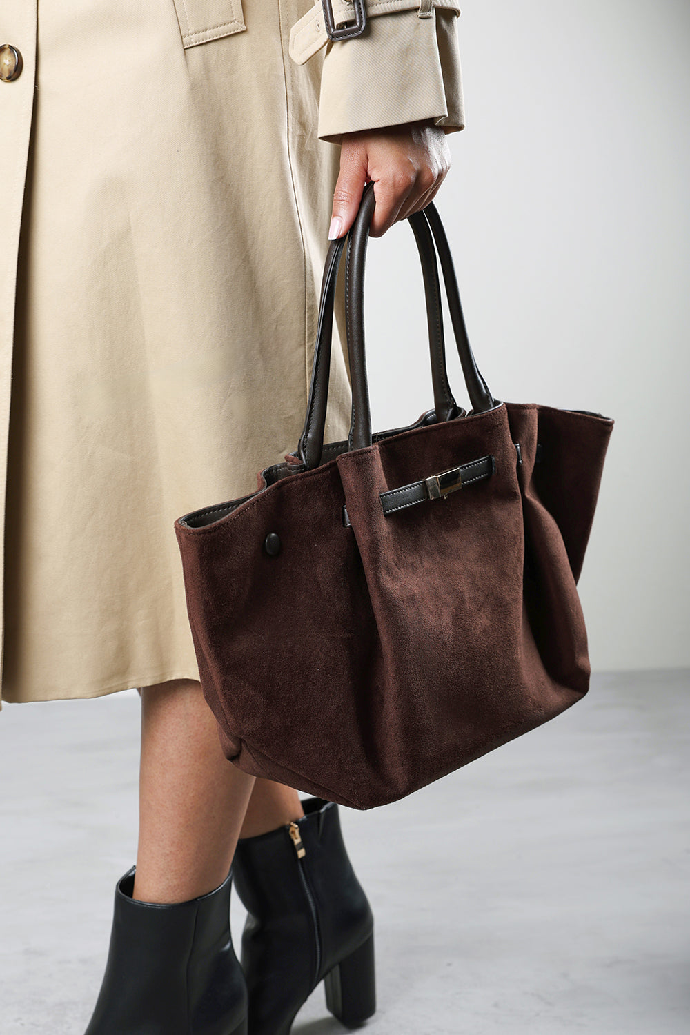 Dove Leather Winged Tote Bag With Belt Lock Detail