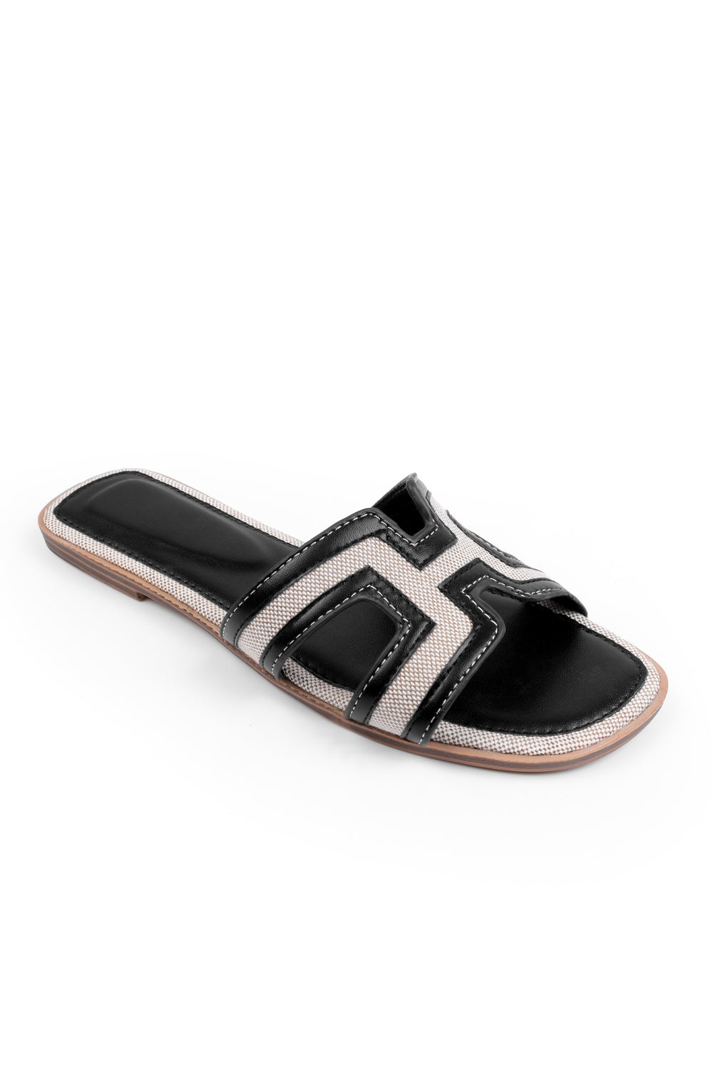 SURGE WIDE FIT CUT OUT STRAP FLAT SANDALS IN BLACK FAUX LEATHER