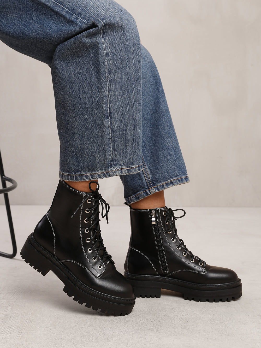 ANNIE CHUNKY PLATFORM ANKLE BOOT WITH LACE UP DETAIL IN BLACK FAUX LEATHER