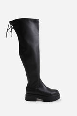 DAWN STRETCH WIDE CALF CHUNKY OVER THE KNEE BOOT WITH LACE DETAIL IN WIDE E FIT IN BLACK FAUX LEATHER