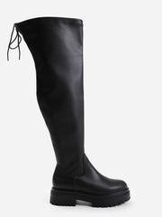 DAWN CHUNKY OVER THE KNEE BOOT WITH LACE DETAIL IN BLACK FAUX LEATHER