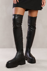 DAWN CHUNKY OVER THE KNEE BOOT WITH LACE DETAIL IN BLACK FAUX LEATHER