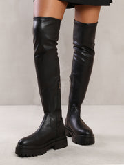 DAWN CHUNKY OVER THE KNEE BOOT WITH LACE DETAIL IN BLACK FAUX LEATHER